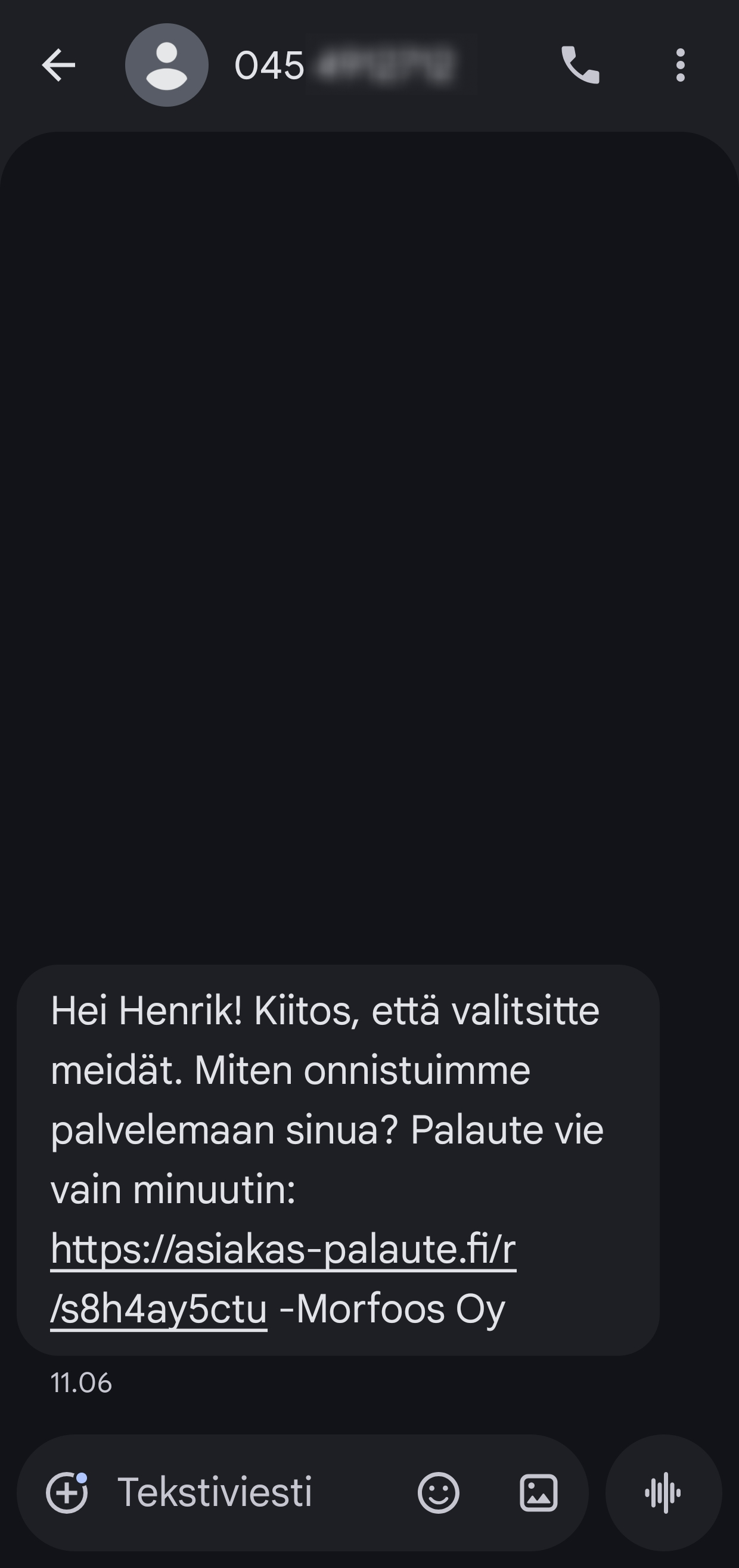 Asiakas saa viestin (SMS)